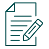 Teal outline of a piece of paper with the top left corner folded down, lines of writing, and a pencil on transparent background.